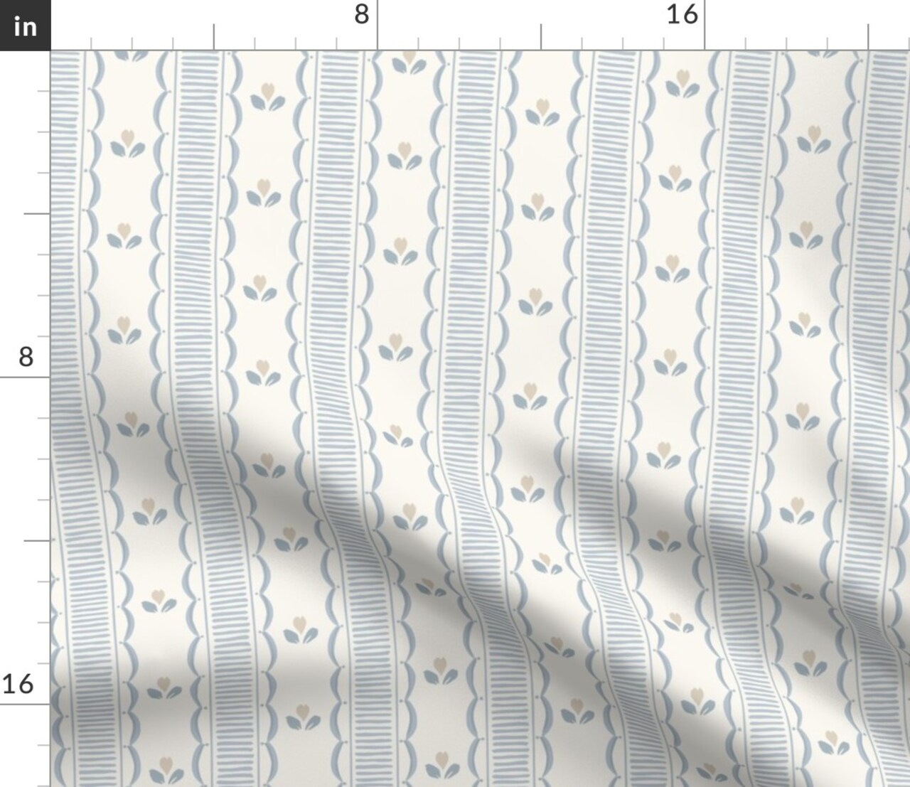 Cottagecore Floral Farmhouse Stripe Scallop Country Rustic Grandmillennial Cottage Vintage Floral Feminine Girly Blue Lines Tulip Spring Custom Printed Fabric by Spoonflower Various Fabrics by the Yard or Fat Quarter